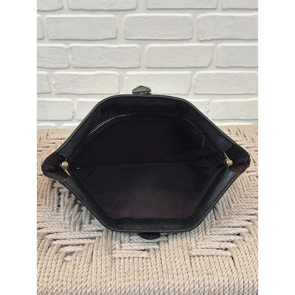 Vintage 1950s Snakeskin Envelope Clutch Black Leather Trim